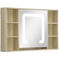 kleankin LED Bathroom Mirror Cabinet, Wall Mounted Dimmable Brightness Medicine Cabinet with Adjustable Shelf and Mirrored Door, Memory Function, USB Charge, Natural(m-1)