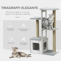 PawHut Albero Tiragraffi per Gatti Multi-livello con Cuccia e Corde in Iuta, 67x38.5x114 cm, Grigio(m-4)
