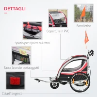 HOMCOM Rimorchio Bici per Bambini e Passeggino, Design 2 in 1 con Freno, Cintura a 5 Punti, Carrello Rimorchio per Bicicletta con Tasche Laterali, Catarifrangenti e Bandierina, Rosso(m-7)