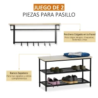 HOMCOM Mueble Recibidor Set de Zapatero y Perchero Montado en la Pared con 6 Ganchos y Plataforma para Entrada o Pasillo 75x30x45 cm Negro y Madera(m-4)