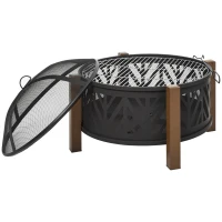 Outsunny 2-in-1 Feuerschale Feuerkorb Feuerstelle mit Funkenschutz Grillrost Garten BBQ Schwarz+Braun Ф78 x 60H cm(m-10)