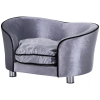PawHut Hundesofa, Hundebett, waschbares Sitzkissen, Plüschbezug, Naturholzrahmen, hellgrau, 69 x 49 x 38cm(m-9)