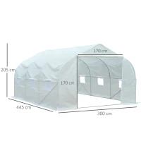 Outsunny Serre Tunnel de Jardin 13,35 m² dim. 4,5L x 3l x 2H m Porte + 6 fenêtres enroulables Acier galvanisé bâche PE Haute densité Blanc(m-3)