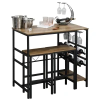 HOMCOM Bartisch-Set, Stehtisch mit 2 Barhockern, 3-teiliges Tischset Küchentresen mit Flaschenhalterung Spanplatte, Stahl, Natur+Schwarz, 108 x 60x 95H cm(m-10)