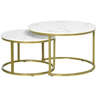 HOMCOM Lot de 2 tables basses gigognes tables rondes plateau aspect marbre et pied en acier Ø 74 x 46,3 cm blanc doré(m-10)