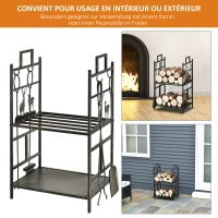 Porte-bûches range bûches étagère à bois de cheminée serviteur de cheminée cerf multi-accessoires 2 étagères dim. 51,5L x 33l x 77H cm métal noir or vieilli(m-6)