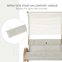Outsunny Bain de Soleil transat de jardin chaise longue en bois Design à Bascule 2 pers. tétière & Pare-Soleil Inclus Bois pin pré-huilé textilène dim. 190L x 135l x 185H cm crème chiné(m-6)