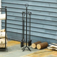 Outsunny Set 5 Attrezzi per Camino Base con Attizzatoio, Pinza, Paletta e Scopa 20x20x82.5cm, Nero(m-2)