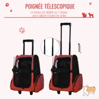 PawHut Sac de transport à roulettes pour chien 2 en 1 trolley chariot sac à dos pour chien chat avec poignée téléscopique, sacs de rangement, aérations, attache de sécurité, 42 x 25 x 55 cm, rouge(m-5)