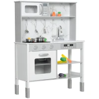 AIYAPLAY Spielküche mit Herd, Mikrowelle, viel Zubehör, höhenverstellbar, 70,1 x 28 x 90,2/96,1 cm, Weiß(m-10)