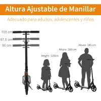 HOMCOM Patinete Plegable Scooter con Manillar Altura Ajustable Patinete Ligero para Adultos y Niños (más de 14 años) Tipo Monopatín con Freno Grandes Ruedas Ø200 mm Aluminio Carga 100kg(m-4)