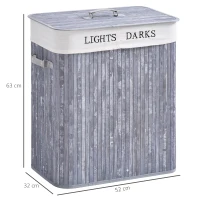 HOMCOM Panier à linge 100L avec 2 bacs bambou pliable couvercle poignée sac amovible en toile gris(m-3)