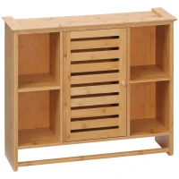 kleankin Armario de Pared de Bambú Mueble Colgante de Baño con 4 Compartimientos y Toallero 65x17,8x54,6 cm Natural(m-10)