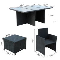 Outsunny Ensemble salon de jardin encastrable 10 places 6 fauteuils monoblocs 4 tabourets coussins déhoussables crème table plateau verre trempé résine tressée 4 fils noire(m-3)