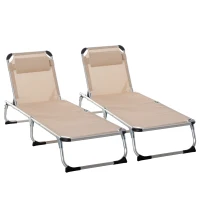 Outsunny Foldable Outdoor Sun Loungers Set of 2, Reclining Lounge Chair Camping Bed Cot with Pillow 4-Level Adjustable Back Aluminium Frame, Khaki(m-1)
