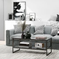 HOMCOM Coffee Table, Two-Tier Faux Marble Effect Centre Table with Metal Frame and Storage Shelf for Living Room, 106 x 50 x 45cm, Black(m-10)