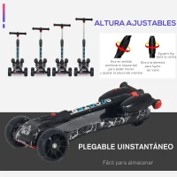 HOMCOM Patinete para Niños Scooter Plegable con Altura Ajustable de 4 Niveles y Música Luces y Nebulizador de Agua +3 Años 62x27x63-81 cm Negro(m-5)