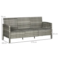 Outsunny Rattan Sofa mit Kissen, Dreisitzer, Garten Loungesofa, Stahl, Grau, 173 x 68 x 78 cm(m-3)