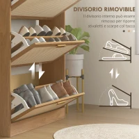 HOMCOM Mobile Scarpiera per 18 Paia di Scarpe con 3 Cassetti Ribaltabili in Legno e Rattan, 80x25x120 cm, Marrone(m-6)