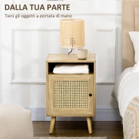 HOMCOM Comodino per Camera da Letto Stile Boho con Armadietto e Ripiano Aperto in Legno e Rattan, 39x35x60 cm(m-4)
