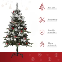 HOMCOM 4FT Artificial Snow Dipped Christmas Tree Xmas Pencil Tree Holiday Home Party Decoration with Foldable Feet Red Berries White Pinecones, Green(m-5)