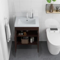 kleankin Mueble de Baño con Lavabo Cerámico Armario Bajo de Lavabo de Pared con 2 Puertas Estante Ajustable 60x45,5x60 cm Marrón(m-8)