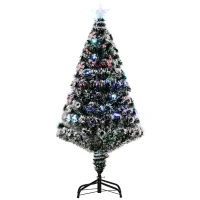HOMCOM 4ft Artificial Prelit Christmas Tree, Snow Xmas Tree with Colourful LED Lighting Fiber Optics, Green White(m-11)