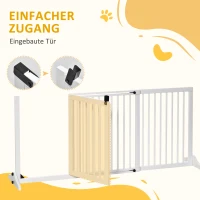 PawHut Absperrgitter Hunde Türschutzgitter Schutzgitter aus Holz Freistehendes Hundegitter mit Tür Hundeabsperrgitter Konfigurationsgitter für Kamin & Ofen Weiß 113-166 x 36 x 71 cm(m-6)