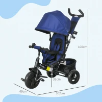 HOMCOM Triciclo para Bebés de +12 Meses con Mango de Empuje Telescópico y Desmontable Bolso para Mamá y Portabotellas Azul(m-3)