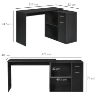 HOMCOM Scrivania Angolare per Studio e Ufficio con 2 Cassetti e 2 Ripiani, in Legno, 117x82x74 cm, Nero(m-3)