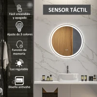 kleankin Espejo para Baño Redondo Ø60 cm con Luces LED Ajustable Antivaho Función de Memoria e Interruptor Táctil Plata(m-4)