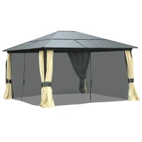 Outsunny Hardtop-Gartenpavillon 4,2 x 3,6 m, Vorhänge mit Fliegennetz, Alugestell, Braun+Creme(m-10)