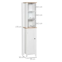 Kleankin Armario Alto para Baño Mueble Columna de Baño con 3 Estantes Abiertos y Armario de Puerta Balda Ajustable Interior Carga Máx. 40kg 35x30x170 cm Blanco(m-3)
