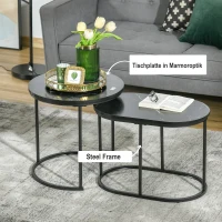 HOMCOM 2er-Set Couchtisch, Ovaler und runder Kaffeetisch, stapelbar, Marmoroptik, MDF, Metall, Ø50 x 50,5H cm, Schwarz(m-5)