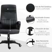 Vinsetto Silla de Oficina Ergonómica Silla de Escritorio Basculante y Giratoria 360° con Altura Ajustable Respaldo Alto y Reposabrazos Piel Sintética 61,5x66x113-123 cm Negro(m-7)