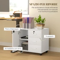 HOMCOM Schedario per Ufficio con 3 Cassetti e Armadietto con 3 Ripiani Regolabili, in Legno, 60x40x56 cm, Bianco(m-4)