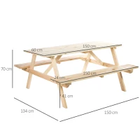 Outsunny 6 Seater Wooden Picnic Table Bench for Outdoor Garden or Patio with Parasol Cutout 150 cm Natural Wood Finish(m-3)
