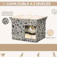PawHut Cesta de Ratán para Gatos de 2 Pisos Cueva Cama de Gato Tipo Caseta con 2 Cojines Suaves Estructura de Metal 51x42x37 cm Gris y Beige(m-5)