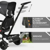 HOMCOM Dreirad mit Schubstange drehbarer Sitz 4-in-1 Kinderdreirad Kinder Fahrrad klappbar abnehmbar Kinderauto Metall EVA Schwarz 111,5 x 52 x 98 cm(m-7)