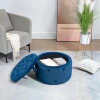HOMCOM Pouf Poggiapiedi Rotondo con Vano Contenitore in Velluto Trapuntato, Ø60 x 40 cm, Blu Scuro(m-7)