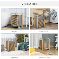 HOMCOM Cesto Portabiancheria con Sacco Rimovibile, Arredamento Bagno Stile Nordico in Bambù e Tessuto, 40x35.5x60.5cm, Legno e Grigio(m-7)