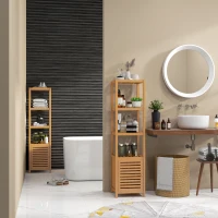 HOMCOM Lot de 2 meubles colonne rangement salle de bain bambou design naturel 36L x 33l x 140H cm 4 étagères 8 niveaux + placard(m-2)