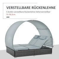 Outsunny Poly Rattan Doppelliege Sonnenliege für 2 Personen mit Sonnendach Gartenliege Stahl Polyester Grau 196 x 137 x 36,5 cm(m-4)