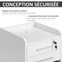 HOMCOM Caisson de bureau rangement bureau sur roulettes 3 tiroirs 1 verrouillable 1 trieur dossiers en bois blanc(m-5)