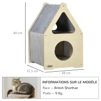PawHut Niche pour chat 2 niveaux design scandinave avec tissu amovible et 2 coussins - 48 x 37,5 x 60 cm gris et bois naturel(m-3)
