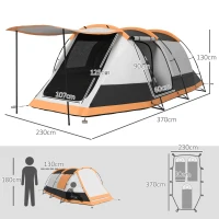Outsunny Three-Man Camping Tent, with Two Rooms and Porch - Orange(m-3)