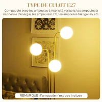 HOMCOM Lampadaire sur pied salon, lampe salon contemporain avec 3 spots pivotants, abat-jour en verre et interrupteur à pied(m-6)