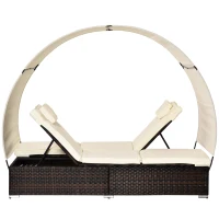 Outsunny Sdraio da Giardino Doppia con Tettuccio e Schienale 5 Reclinazioni, Lettino Prendisole in Rattan PE 196x137x31cm Bianco Crema(m-7)