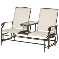 Outsunny 2 Seats Garden Glider Bench, Metal Frame Loveseat with Glass Top  Centre Table, Porch Rocking Glider for 2 Person, for Deck, Patio, Brown/ Khaki(m-11)