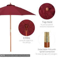 Outsunny 2.5m Garden Parasol Umbrella, Outdoor Market Table Umbrella with Wooden Pole & 8 Fibre Glass Ribs, Round Sun Shade Canopy, Red(m-5)